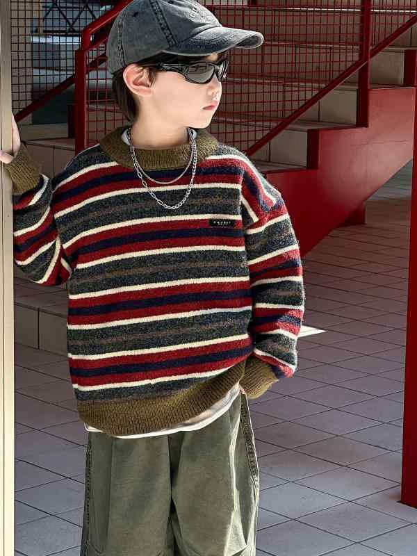 ニット キッズ 男の子 秋物 韓国風 子供服 ボーダー柄 セーター トップス 丸首 普段着 伸縮性 通園 通学 90 100 110 120 130 140