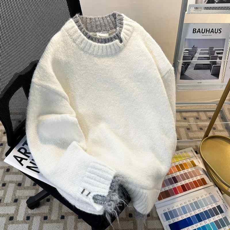 ニット メンズ フェイクレイヤードプルオーバー 秋冬 韓国風 リラックスフィット 高級感 白色 トップス コットンブレンド