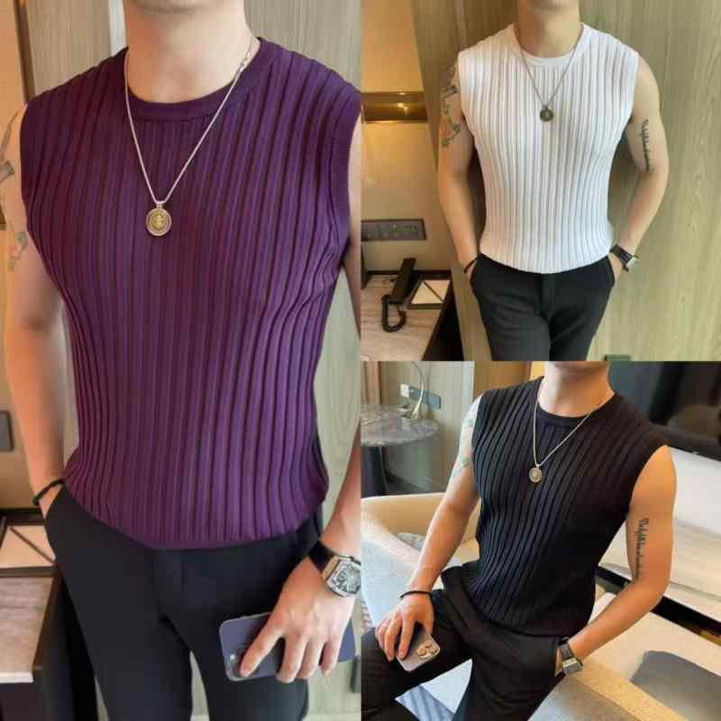 ニット メンズ 男性用 ストライプ柄 丸首 ノースリーブ セーター ベスト 韓国 ファッション トップス スリムフィット Tシャツ カットソー ポリエステル ホワイト ブラック パープル カジュアル 4,624円