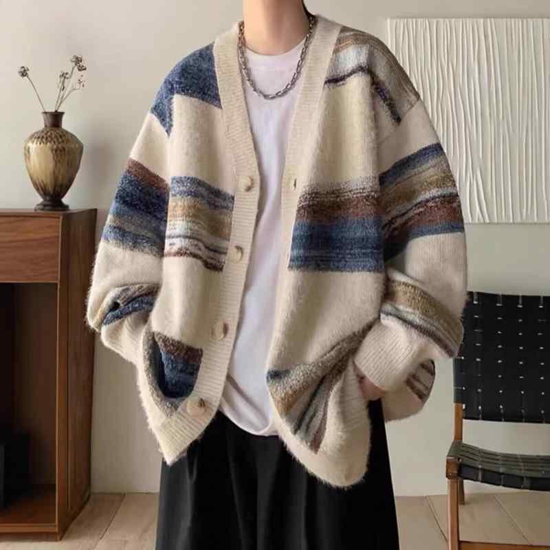 カーディガン メンズ 秋冬 Vネック ニット 配色 ストライプ柄 長袖 ポリエステル 普段使い デイリーユース 韓国風 トップス 羽織り 白 紺