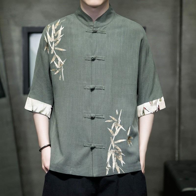Tシャツ メンズ 男性用 亜麻 リネン 半袖 チャイナボタン 中国風 刺繍 コットン 綿 麻 シャツ 夏服 ゆったりサイズ ブラック 黒 ホワイト 白 グリーン 緑