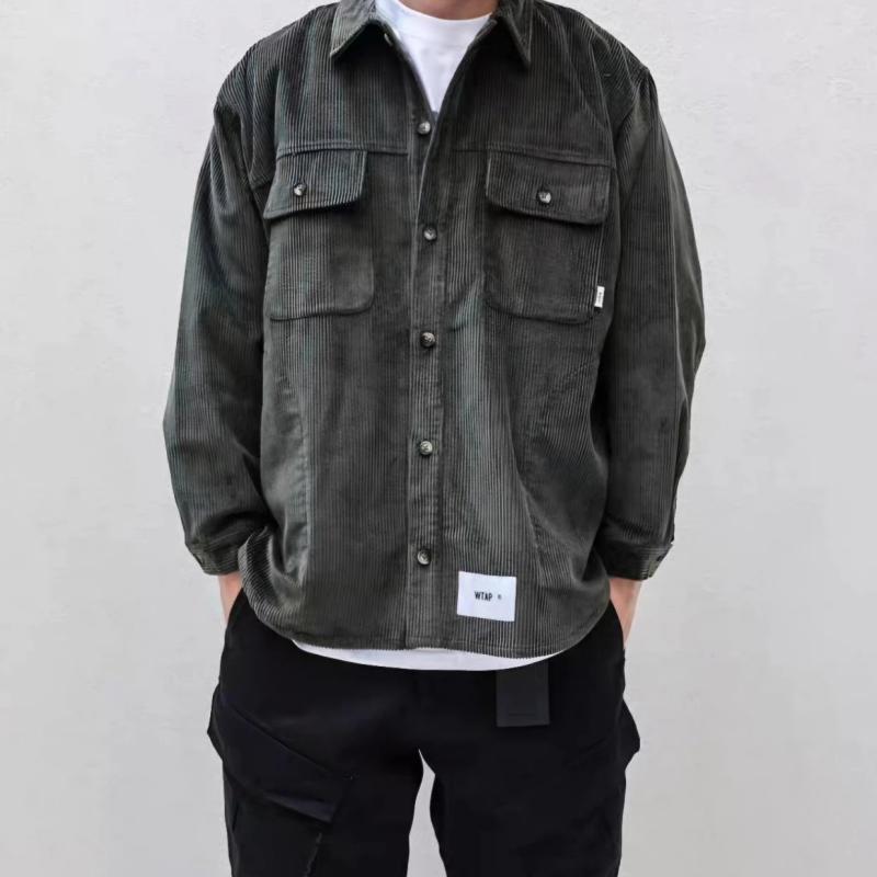 シャツ メンズ 男性用 トップス 長袖 コーデュロイ 無地 秋服 カジュアル ワークシャツ ルーズフィット ブラック グリーン