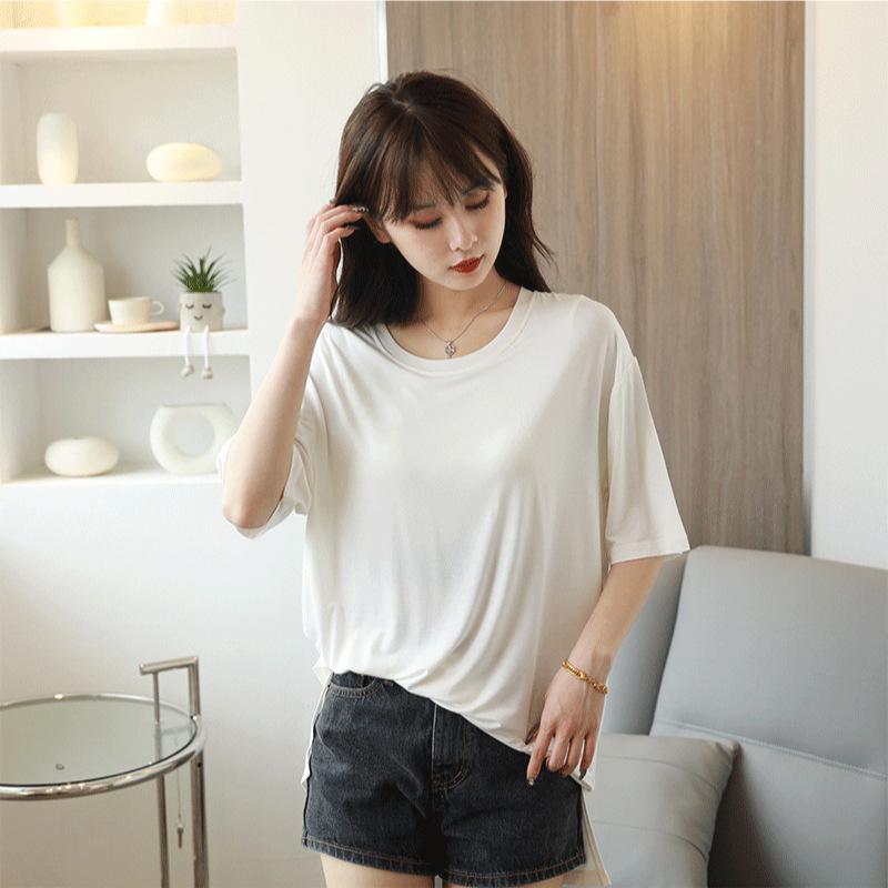 Tシャツ レディース モダール混紡 無地 ラウンドネック 半袖 スリット入り ゆったり 大きめサイズ 接触冷感 普段使い デイリー 部屋着