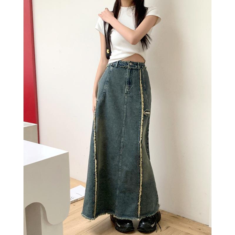 春夏 女性用 デニム 半身スカート Aライン 中長丈 牛仔ブルー 切り替え 不対称 手磨き フレア 気質 通勤 都市スタイル 軽量 伸縮性 再生繊維
