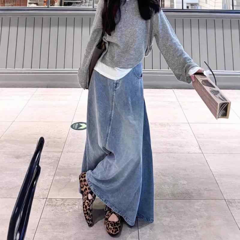 半身スカート 女性用 春夏 ミディ丈 フィッシュテール ロングスカート デニム風 コットン 微弾性 ブルー ストリートスタイル 潮人 デザイン性 百搭 スリム効果 軽量 伸縮性 普段使い 通勤用 かわいい ハイウエスト ビッグシルエット