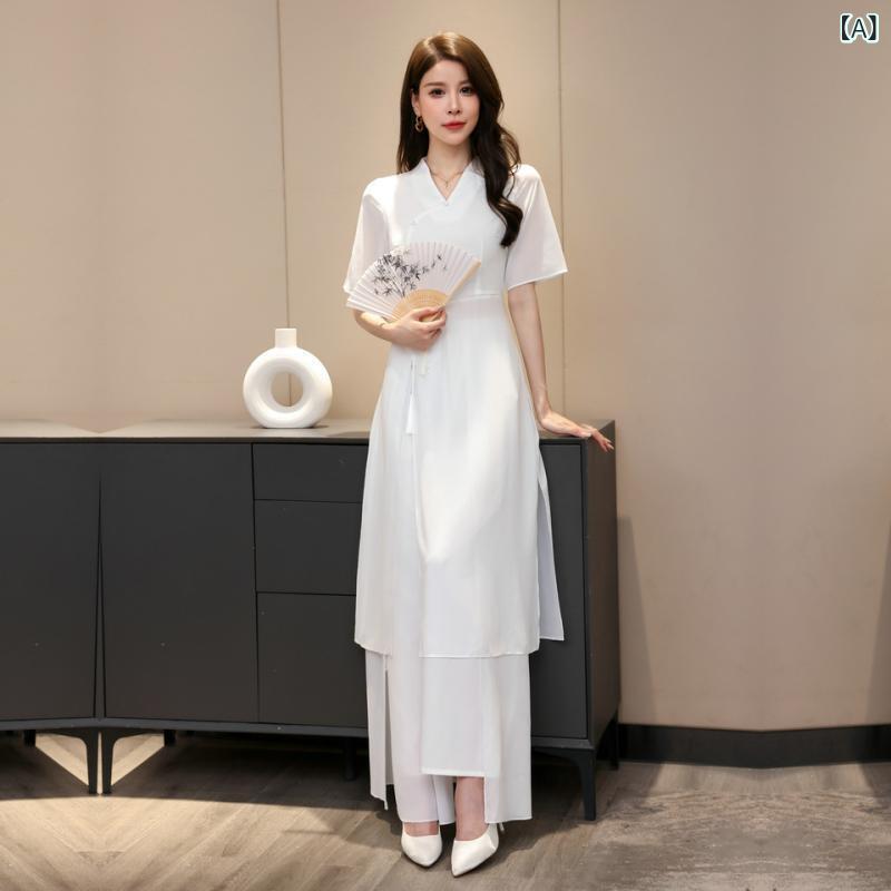 セットアップ レディース チャイナ風 唐装 トップス パンツ 2点セット 刺繍 春夏 ワイドレッグパンツ 中国風 レトロ かわいい S M L XL 2XL ホワイト