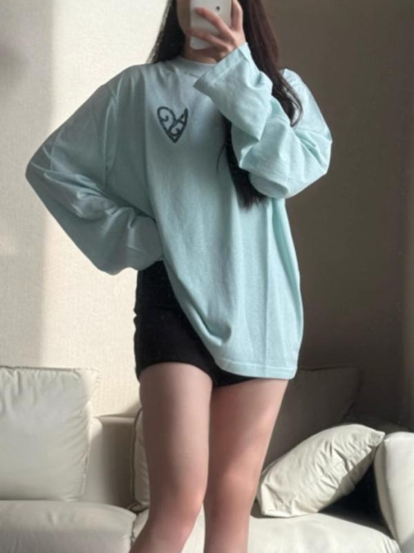 Tシャツ レディース 韓国風 カジュアル トップス AC 愛心 プリント 長袖 カットソー チュニック 部屋着 普段使い