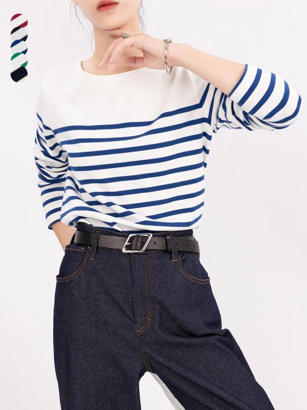 Tシャツ レディース ボーダー柄 カットソー 長袖 トップス 丸首 通勤 コットン ストライプ柄 春秋 カジュアル きれいめ