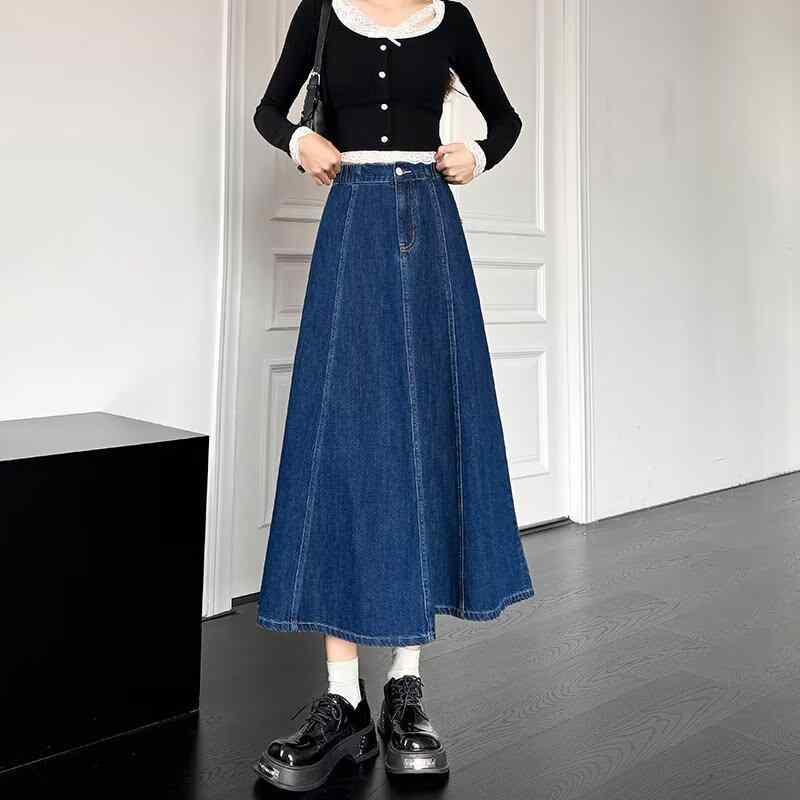スカート 女性用 デニム ミディスカート 春夏 秋冬 ハイウエスト Aライン ミックススタイル ロング丈 ヴィンテージ スリムフィット 伸縮性 軽量 コットン ポリエステル 混合素材 ジップアップ ストリートカジュアル ブルー系 ディープブルー ライトブ