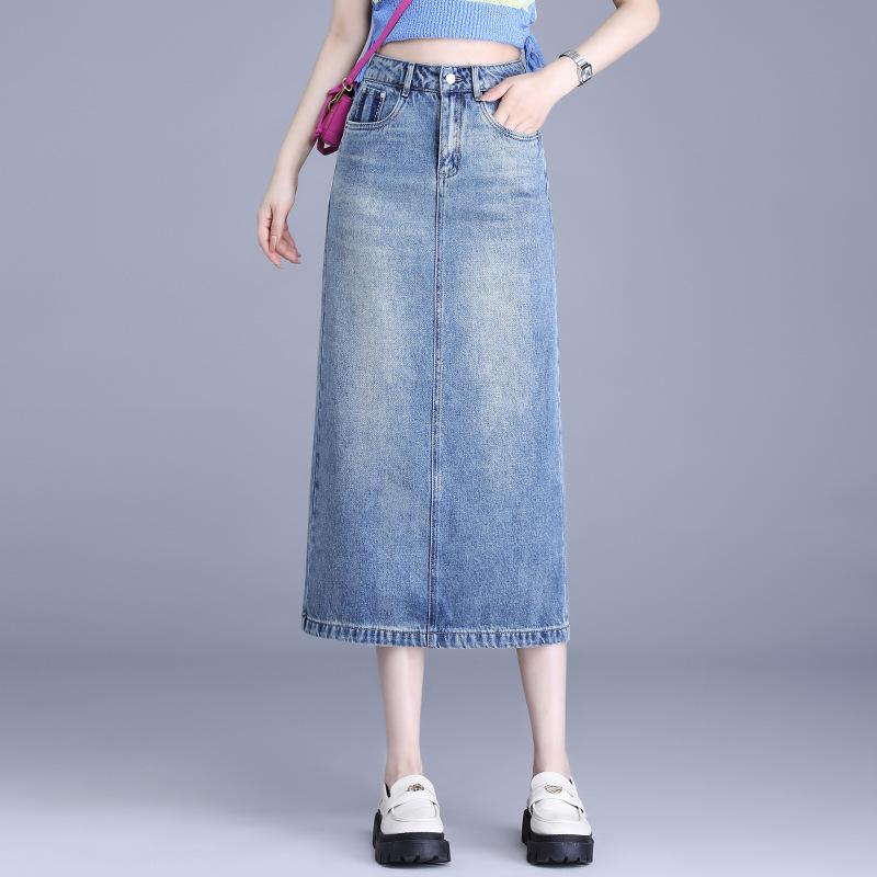 スカート ミディ丈 ハイウエスト 牛仔 デニム 半身 修身 Aライン 女性用 ミドル丈 ブルー 気質 通勤 スタイル 普段使い 軽量 伸縮性 ポリエステル ?? 再生繊維 夏 春夏 カジュアル ファッション トップス 合わせ コーディネート スリム シル