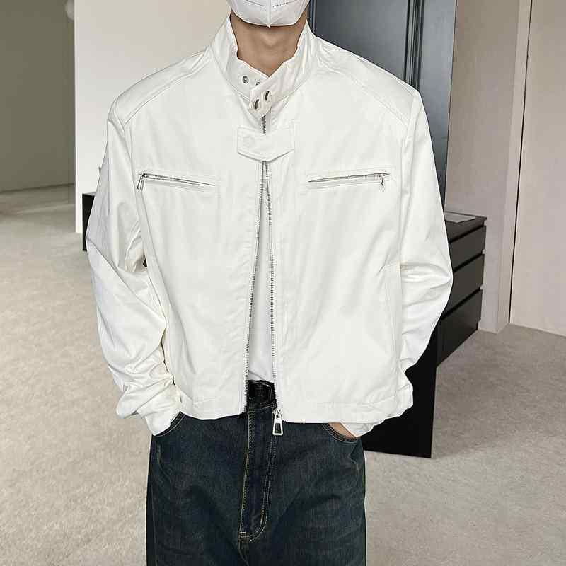 ジャケット 男性用 ブルゾン ショート丈 Vネック 配色 春秋 耐摩耗性 ポリエステル 無地 ホワイト ブラック
