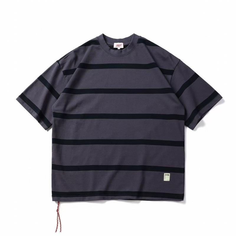 Tシャツ メンズ 男性用 トップス 半袖 コットン ストライプ柄 ルーズフィット クルーネック カットソー 綿100% カジュアル 普段使い 春夏 紫 蘭色 米白 黒 灰緑