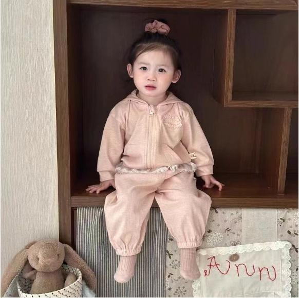 ベビー服 女の子 上下セット 春秋 2点セット 長袖パーカー ロングパンツ ピンク 無地 綿 80 90 100 110 120cm かわいい 普段着 部屋着