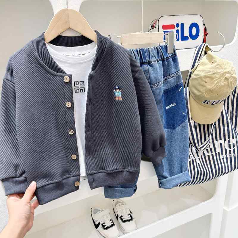 子供服 ジャケット キッズ 男の子 春秋 ニット カーディガン Vネック 中長丈 トップス カトゥーン柄 綿100% 8歳以上 140cm 150cm カキ色 グレー系