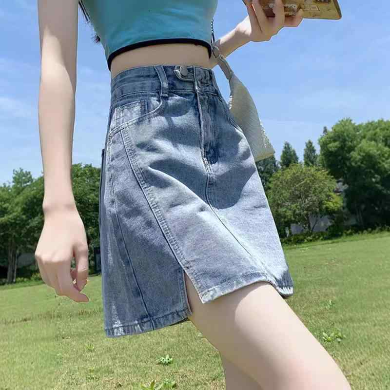 デニムスカート 女性用 夏 ハイウエスト Aライン ミニスカート 包みこみ マイクロミニ スリム効果 伸縮性 ポリエステル 混紡 接触冷感 軽量 免アイロン 幾何学柄 シースルー ブルー ブラック 私服 御姐風 普段使い 通勤用 カジュアル 人気シルエッ