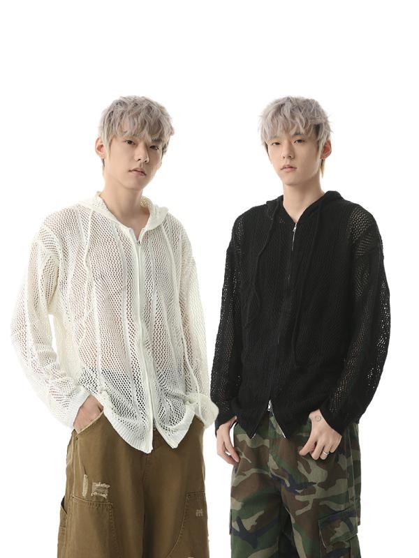 パーカー メンズ 薄手 シースルー ダブルジップ 長袖 春物 韓国風 カジュアル 男性用 トップス アクリル 白 黒