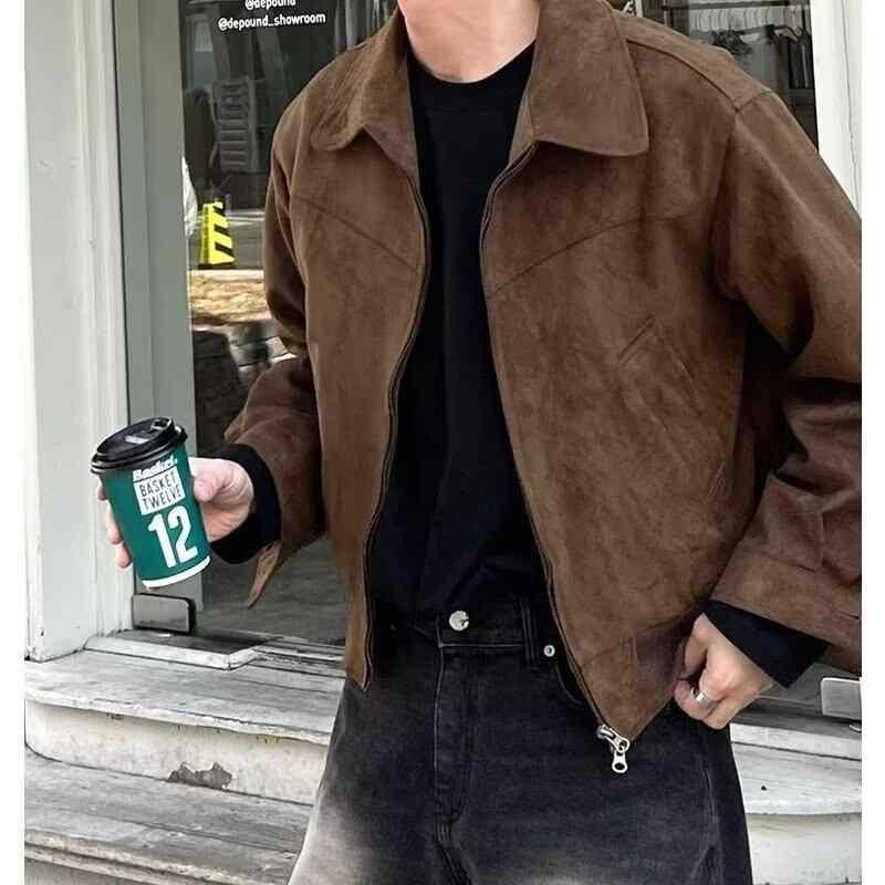 ジャケット メンズ 男性用 秋冬 韓国風 レトロ ブルゾン ジャンパー 襟付き ポリエステル 普段使い 部屋着 防風 伸縮性 ブラック ブラウン系