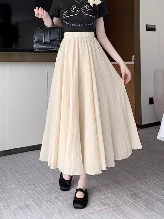 半身スカート 女性用 ミディ丈 コットンリネン 無地 プレス加工 復古風 芸術的 甘め かわいい 減齢効果 高腰 ゆったりシルエット 防透 ウエストゴム フレア レイヤード ラフ 軽量 通勤 普段使い 夏 ミントグリーン ブラック ホワイト アイボリー