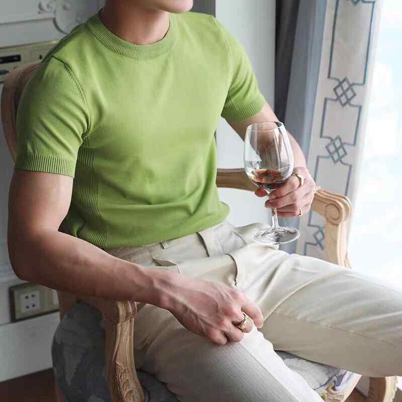 Tシャツ メンズ 男性用 半袖Tシャツ サマーニット スリムフィット 丸首 無地 コットン混紡 トップス カットソー カジュアル スタイル 白 灰色 黒 蛍光グリーン