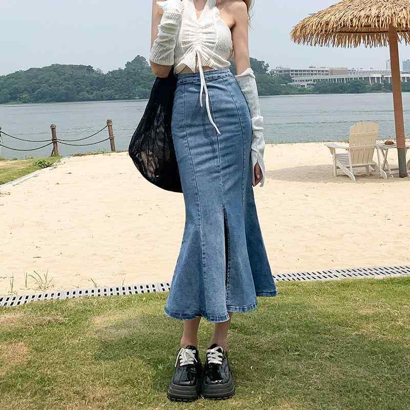 スカート 女性用 春夏 牛仔布 半身裙 ミディ丈 ハイウエスト フィッシュテール 包み込み ストレッチ 高弾性 Aライン ロング丈 スリム ?・覧 切り替え 加工 砂洗 ヴィンテージ 風合い 做旧 ブラック ブルー フレッシュ スイート かわいい 学院風