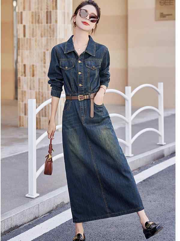 ワンピース 女性用 秋冬 復古 長袖 デニム ロングドレス Aライン ハイウエスト 切り替え 修身 気質 単排ボタン セットアップ コットン ポリエステル 単色 セットインスリーブ スタンドカラー ウエストベルト 日常使い 軽量 通勤 通学 伸縮性 吸湿