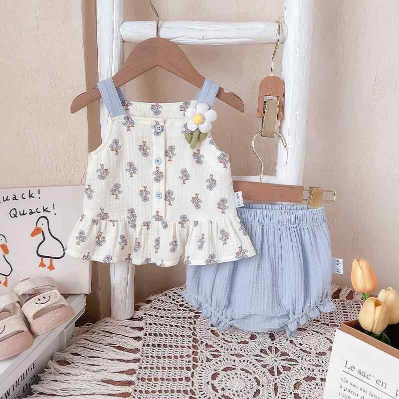 子供用セットアップ ベビー服 女の子 夏物 ノースリーブ トップス ブルマパンツ 上下2点セット 綿 薄手 幼児 新生児 宝藍色