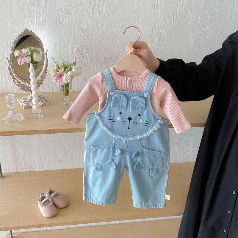 ベビー キッズ デニム サロペット ロングパンツ 春秋 男女兼用 コットン かわいい ライオン アニマル 無地 ブルー 66cm 73cm 80cm 90cm 100cm