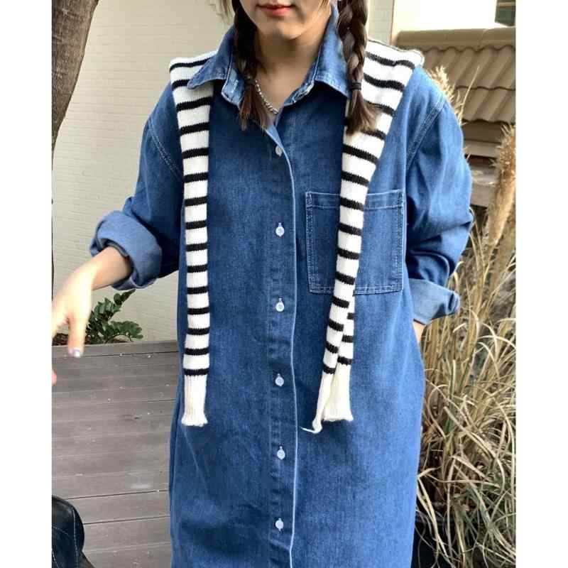 ワンピース 女性用 秋冬 韓国風 シンプル 折り襟 シングルブレスト ゆったり シャツワンピース デニム素材 ミドル丈 ストレートシルエット 長袖 ワイドフィット 切り替えデザイン ポリエステル混紡 コットンライク 牛仔ブルー ダークグレー 日常使い カ