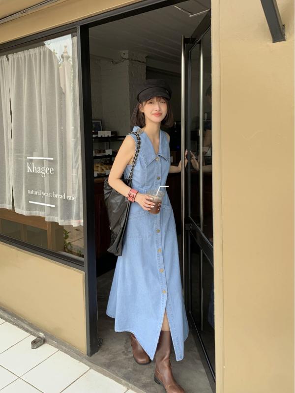 ワンピース 女性用 コットン Aライン ロングスカート ハイウエスト ポロカラー 無袖 フレンチスタイル 復古デザイン 夏用 深青 ライトブルー 日韓カジュアル 洗い加工 ボタン シングルブレスト 吸湿速乾 軽量 通勤 普段使い