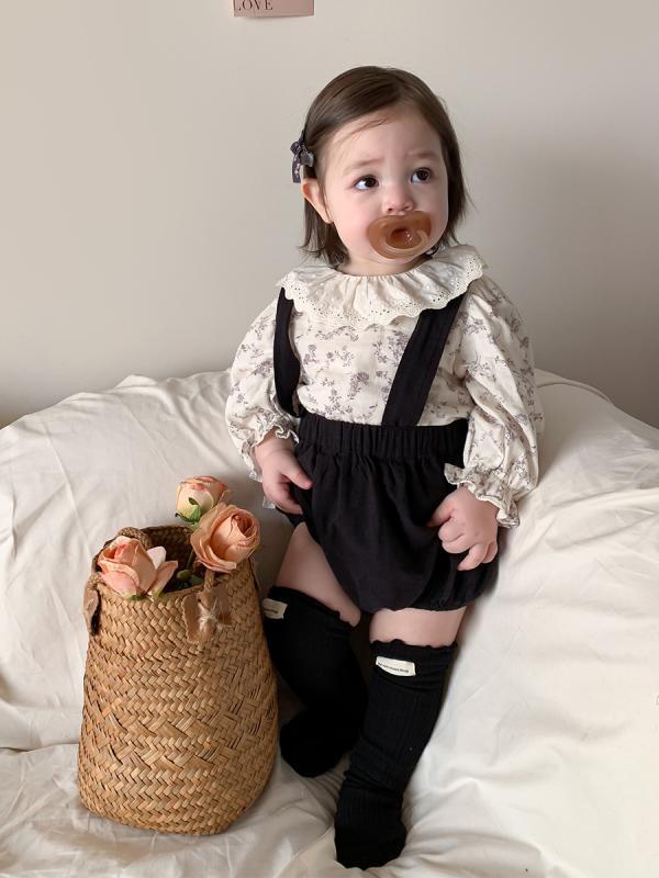ベビー服 上下セット 春物 長袖 トップス サロペット ショートパンツ コットン 花柄 かわいい 70 80 90 100cm