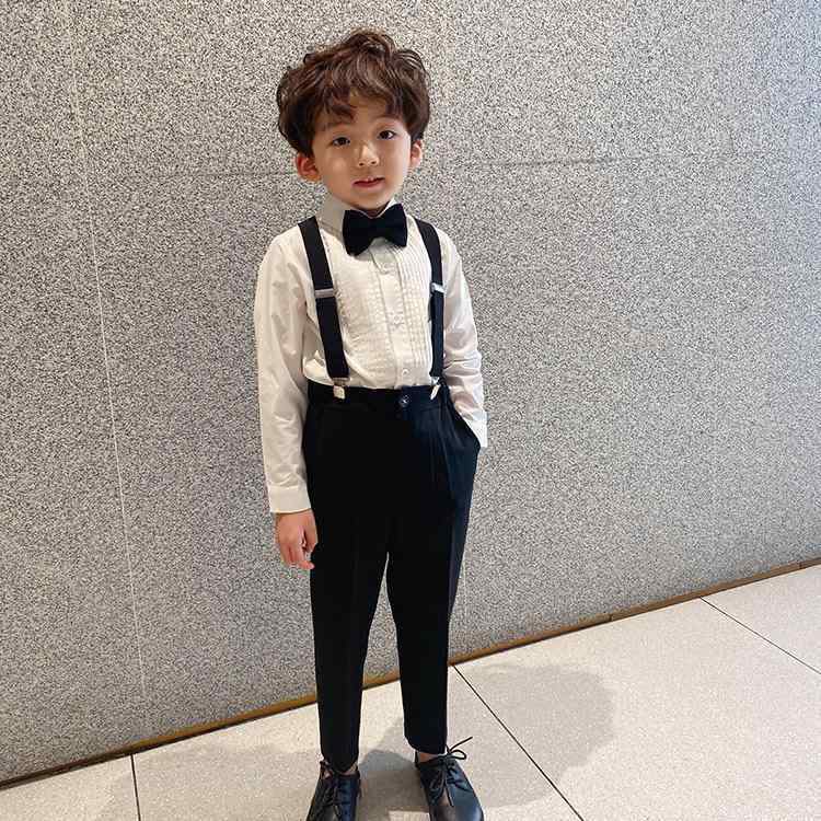 子供用フォーマルスーツ 4点セット（長袖シャツ 長ズボン 背当て 蝶ネクタイ）男の子 キッズ ピアノ 発表会 演奏会 パーティー 結婚式 冠婚葬祭 無地 ポリエステル