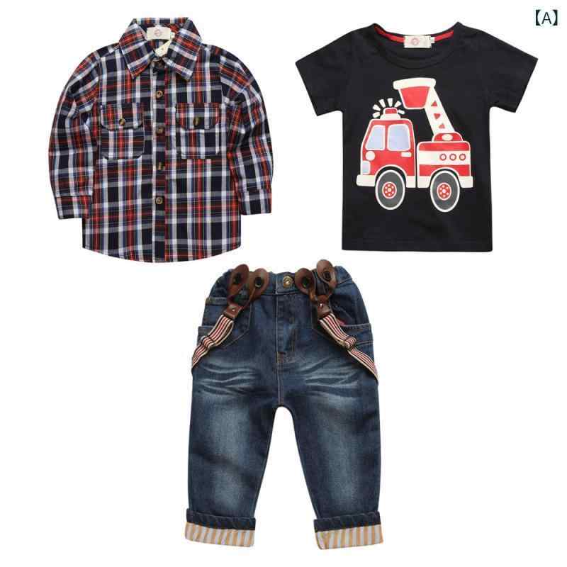 キッズ 子供服 フォーマル スーツ セットアップ 春秋 男の子 チェック柄 シャツ デニムパンツ 3点セット コットン 普段使い