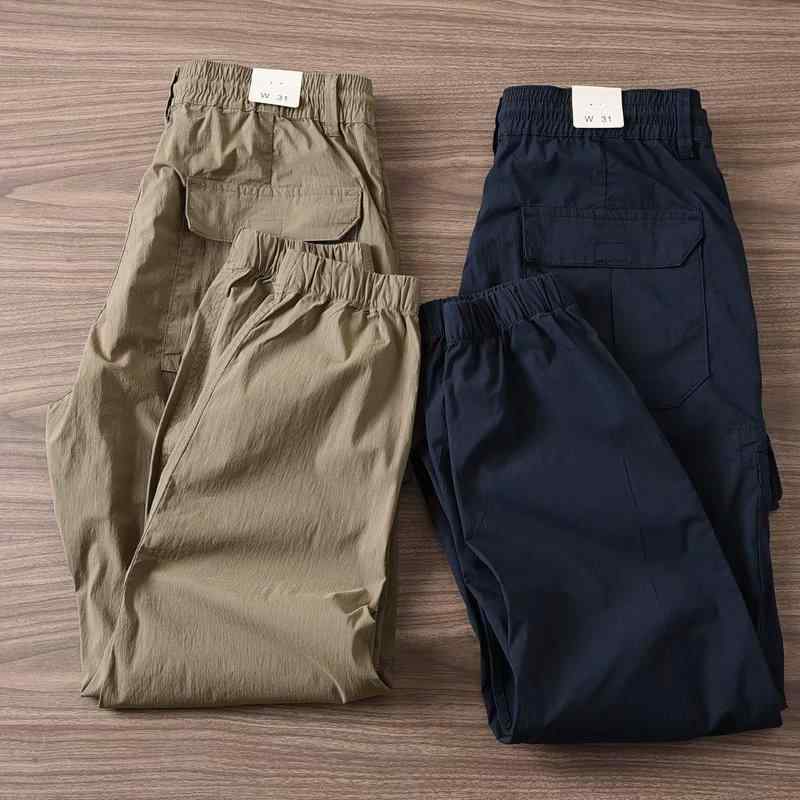 メンズ 工装パンツ 春秋 薄手 束脚 作業着 アウトドア 松腰 微弾性 スリムフィット ニーパンツ カジュアルパンツ ワイドシルエット 中腰 紐締め ポケット ポリエステル混紡 深紺 ブラック カーキ 軽量 通勤 普段使い