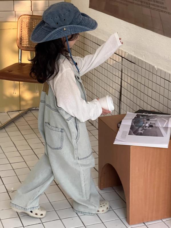 子供服 デニム オーバーオール パンツ 女の子 ワイドレッグ パンツ 大ポケット カジュアル パンツ 110cm 120cm 130cm 140cm 150cm 160cm 春秋 B類 コットン 浅青色