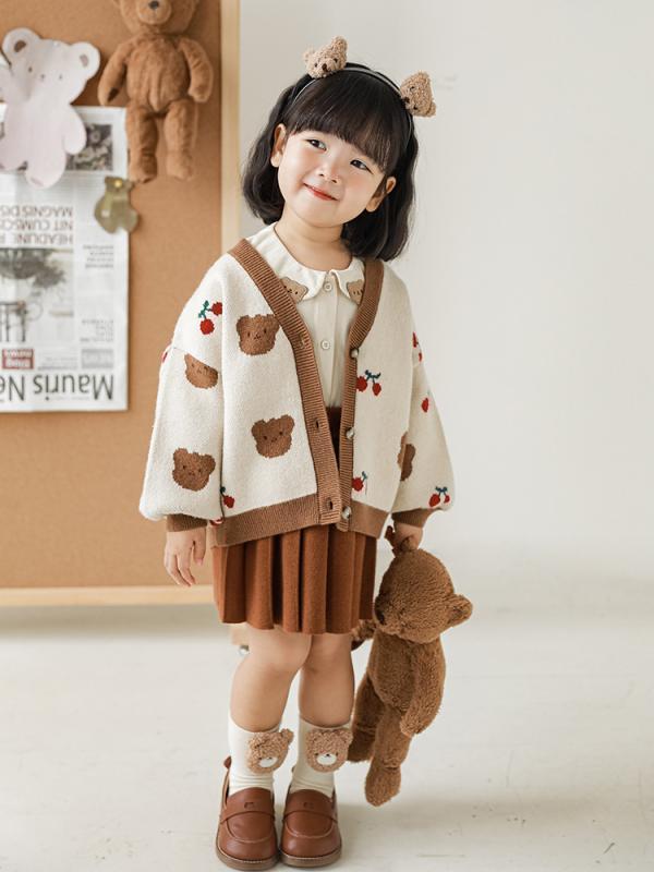 子供服 ニットカーディガン セットアップ かわいい クマ柄 アップリケ 背当て 秋物 女の子用 ニット カーディガン 長ズボン 上下セット 2点セット 普段着