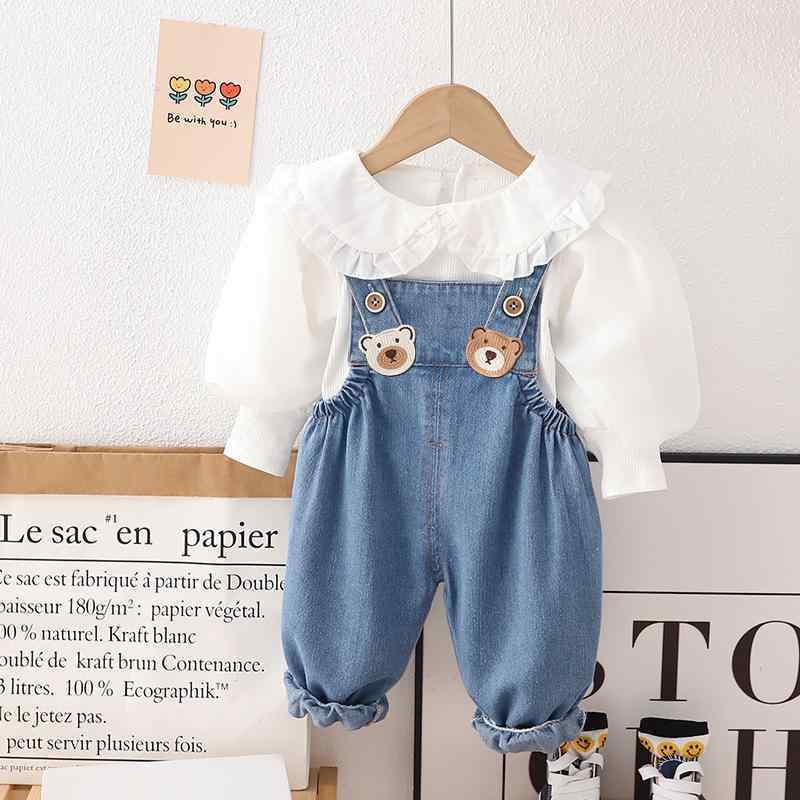 キッズ 女の子 パンツセット 春秋 子供服 2点セット ドールトップス デニム サロペット 80cm 90cm 100cm 110cm 120cm