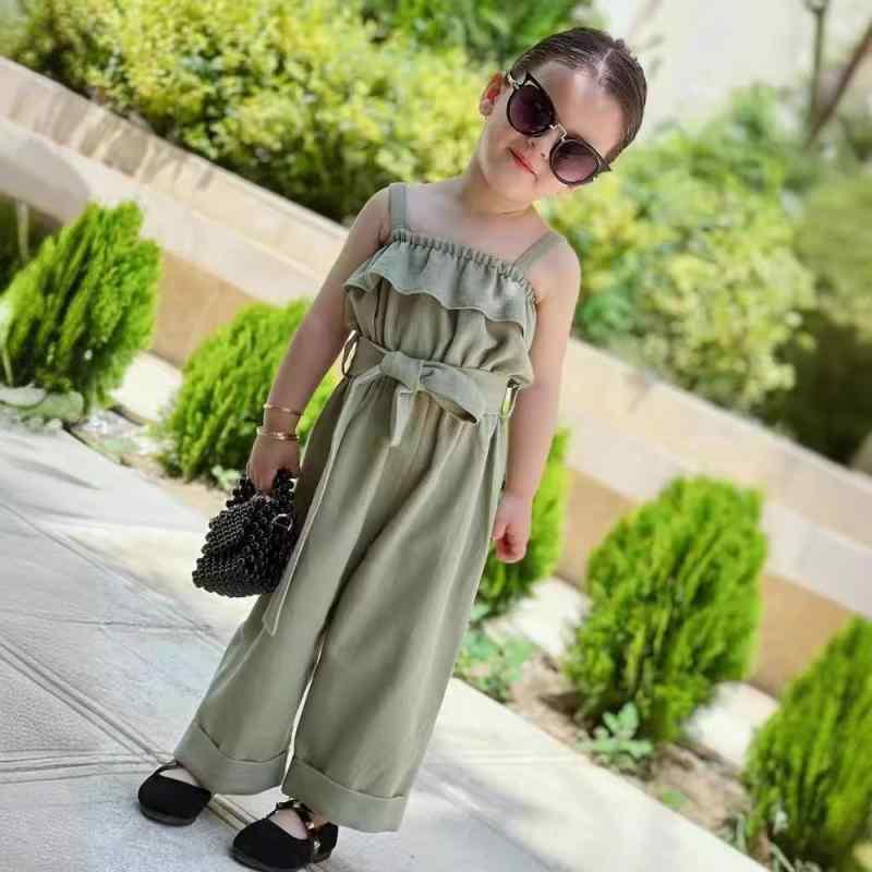 子供服 女の子 女児用 オールインワン サロペット ワイドレッグ パンツ 綿麻 無地 ノースリーブ ギャザー ウエストゴム ピンク系 グリーン 春夏