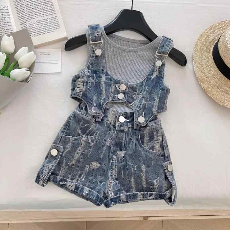 キッズ 女の子 パンツセット 夏物 韓国風 デニム ショートパンツ 2点セット 子供服 かわいい ブルー ダメージジーンズ ノースリーブ トップス ガールズ 上下セット