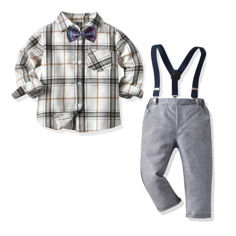 キッズ フォーマルウェア 長袖シャツ サスペンダー付きパンツ 4点セット 春秋物 男の子 子供服 白格子 グレー 上下セット
