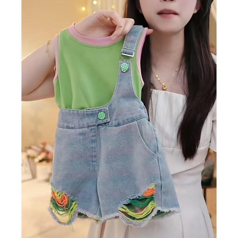 キッズ セットアップ 女の子 夏物 上下セット デニム サロペット トップス 薄手 ノースリーブ 80 90 100 110 120 130 グリーン オレンジ