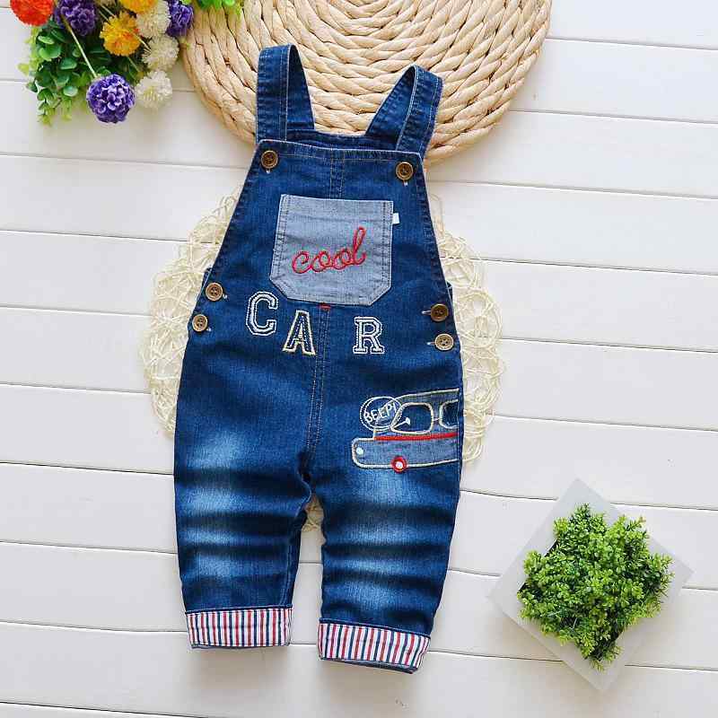 キッズ ベビー デニムオーバーオール ロングパンツ 春秋 幼児 自動車 刺繍 綿70% 深藍色
