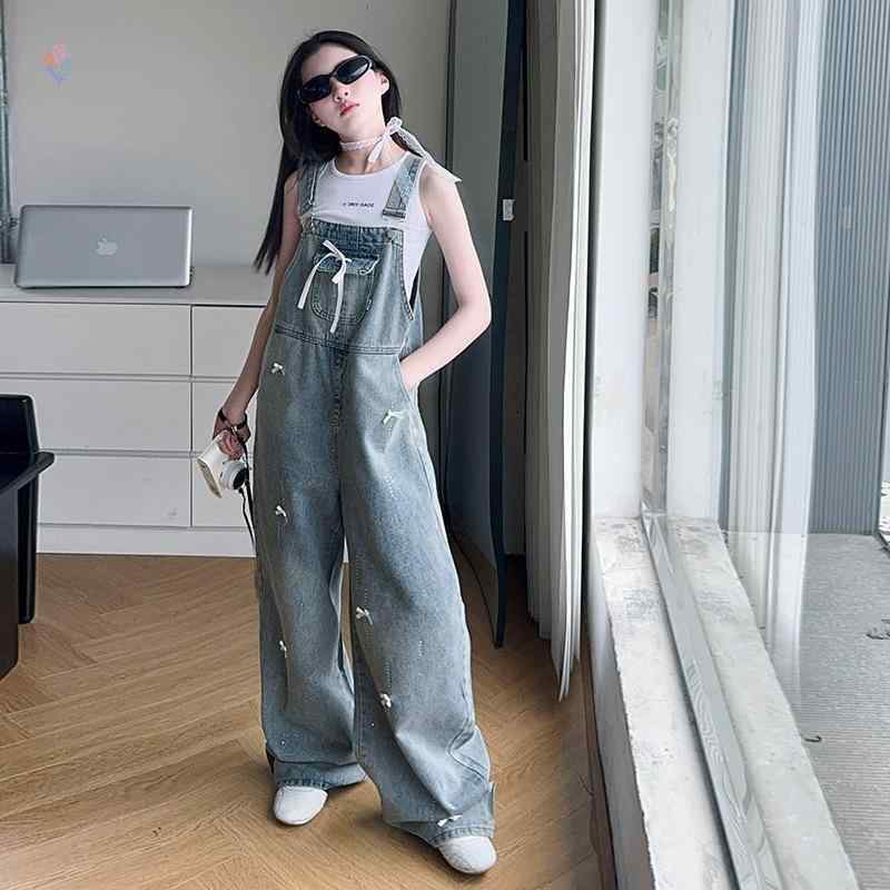 子供用パンツセット ノースリーブTシャツ デニムオーバーオール 2点セット 女の子 夏服 140cm 150cm 160cm かわいい 普段着 通学着