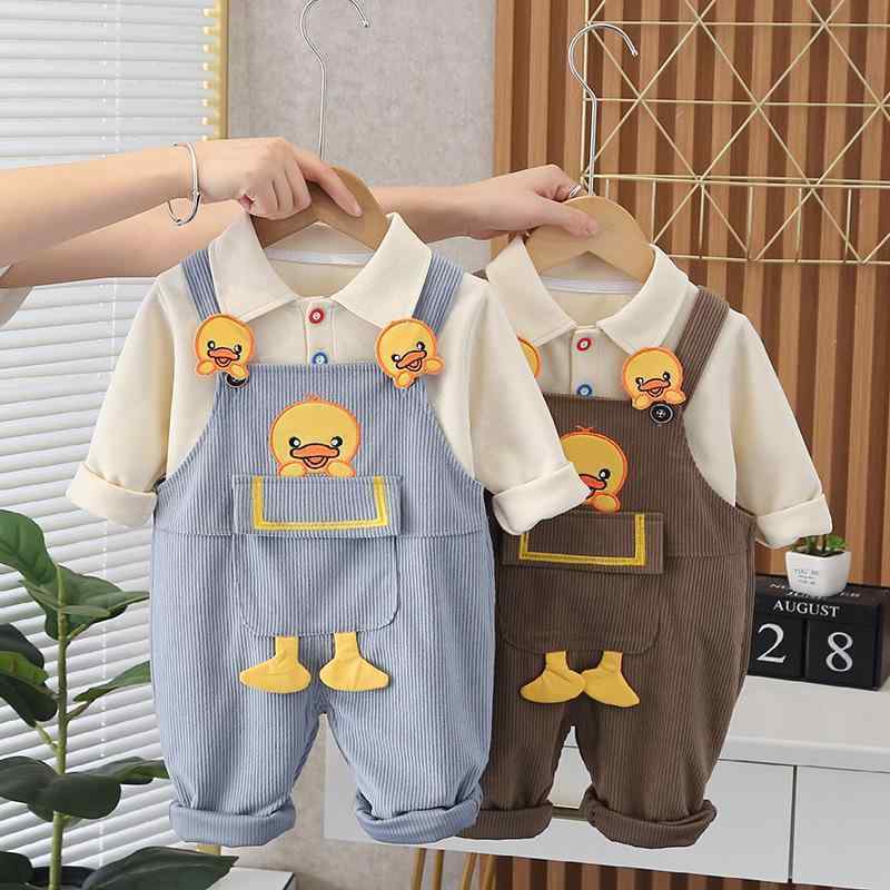 子供服 長袖 & パンツ セット 男児用 秋物 韓国風 小鴨柄 サロペット 2点セット 幼児 ベビー 男の子 綿90%