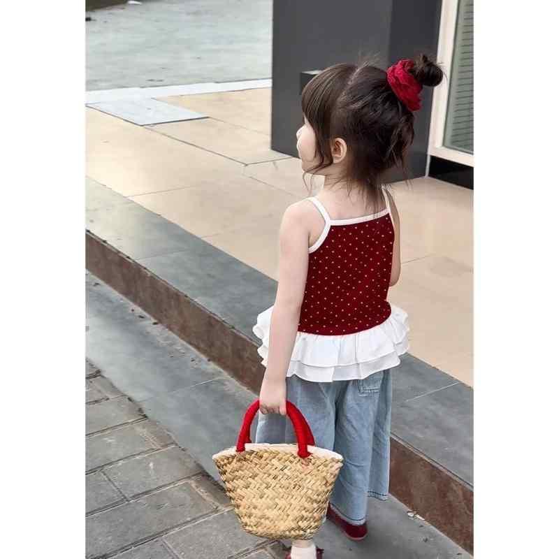 キッズ 女の子 セットアップ ノースリーブ トップス デニムパンツ 水玉模様 9分丈 薄手 夏 かわいい おしゃれ着 普段着