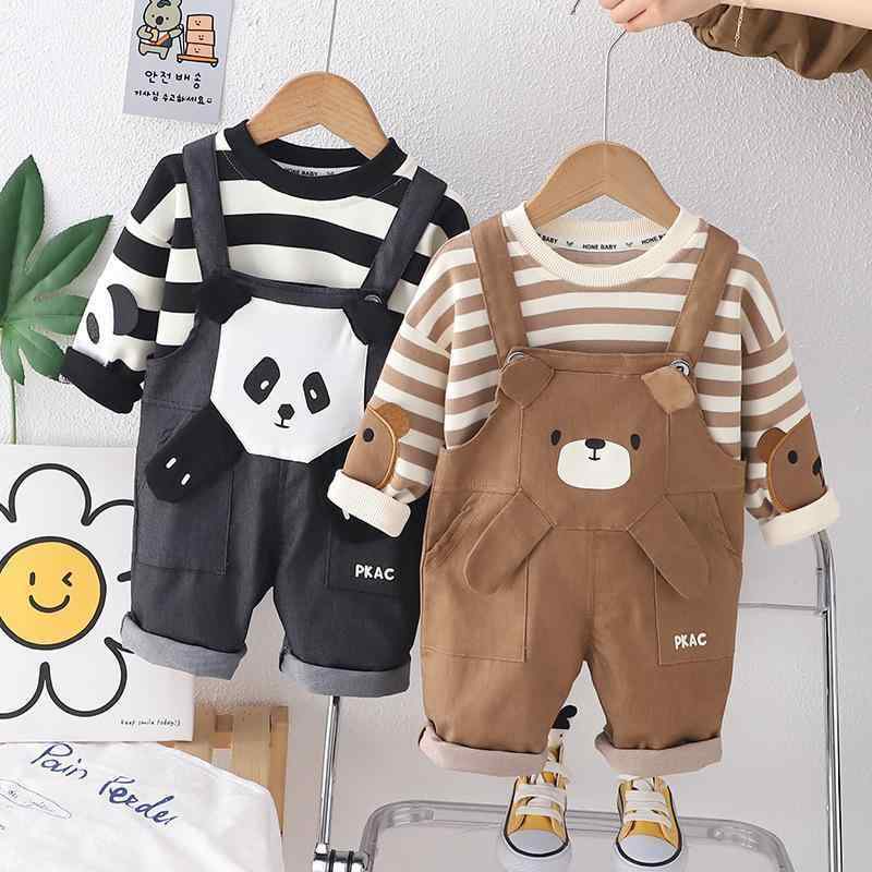 キッズ ボーイズ ストライプ アニマル柄 サロペット 長袖 セットアップ 春秋 上下セット 子供服 ツーピース 綿 80 90 100 110 120cm