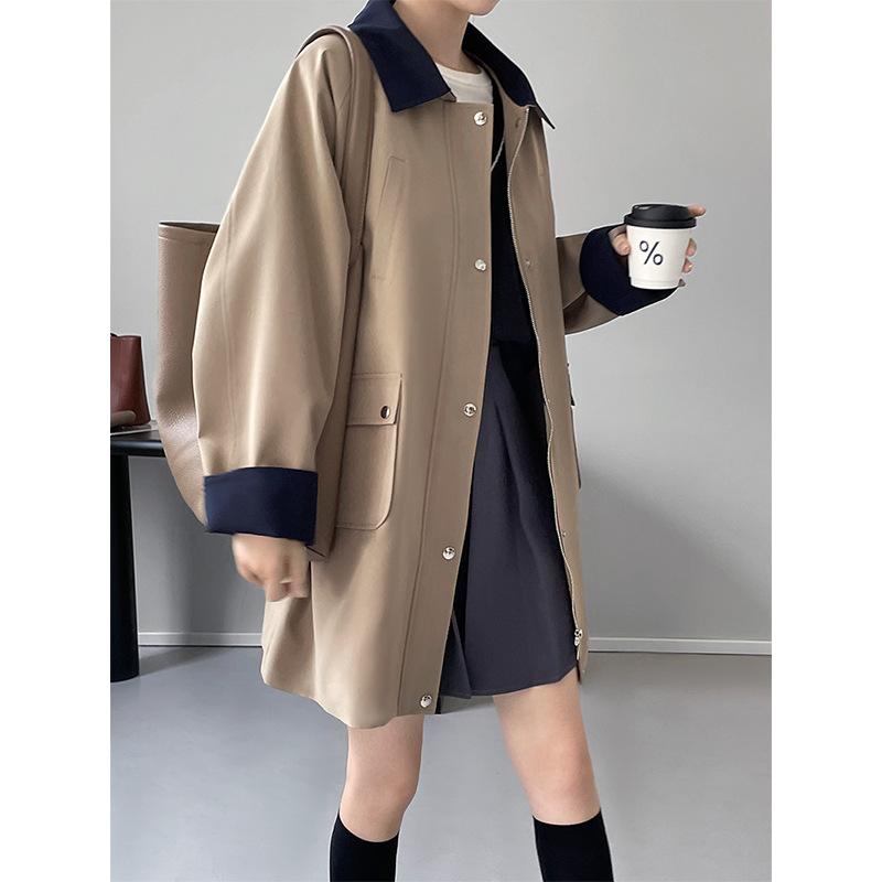 コート レディース レトロ 作業着風 配色 切り替え ゆったり ミドル丈 襟付き 長袖 春 スプリングコート グレー カーキ