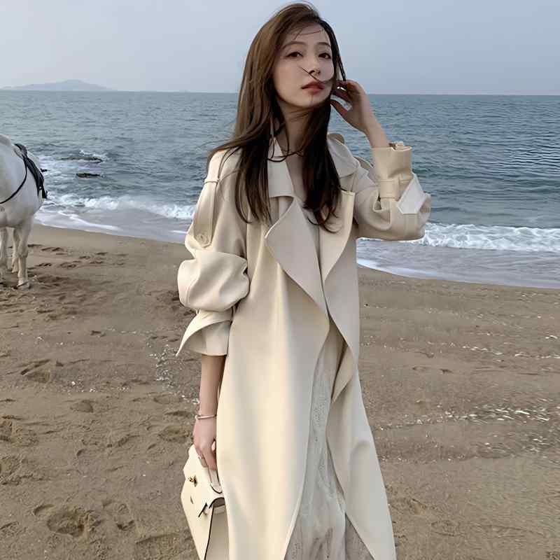 トレンチコート レディース 韓国風 かっこ良い ポリエステル か細い 薄っぺら 無地 長袖 真っただ中丈 衣嚢付き添い人 白いこと カーキ 黒いこと レディースファッション-コート・ジャケット
