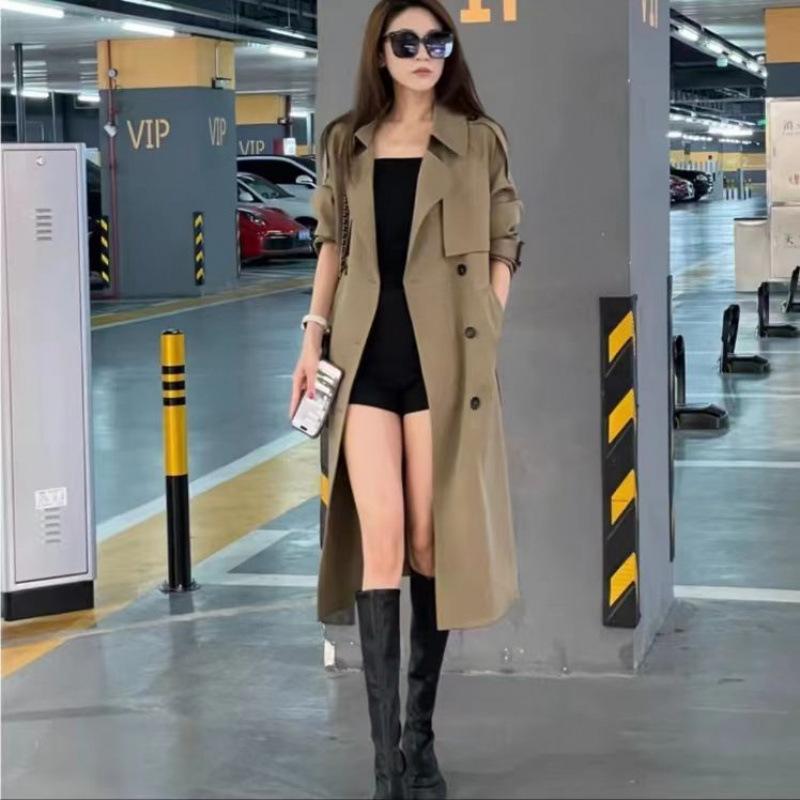 トレンチコート レディース 時間 ダブル乳ぶさ ロング丈 ゆったり アウター ポリエステル 黒いこと 黒 薄墨色 緑 カーキ ベージュ 体型押しかぶせる 通い コート・ジャケット-レディースファッション
