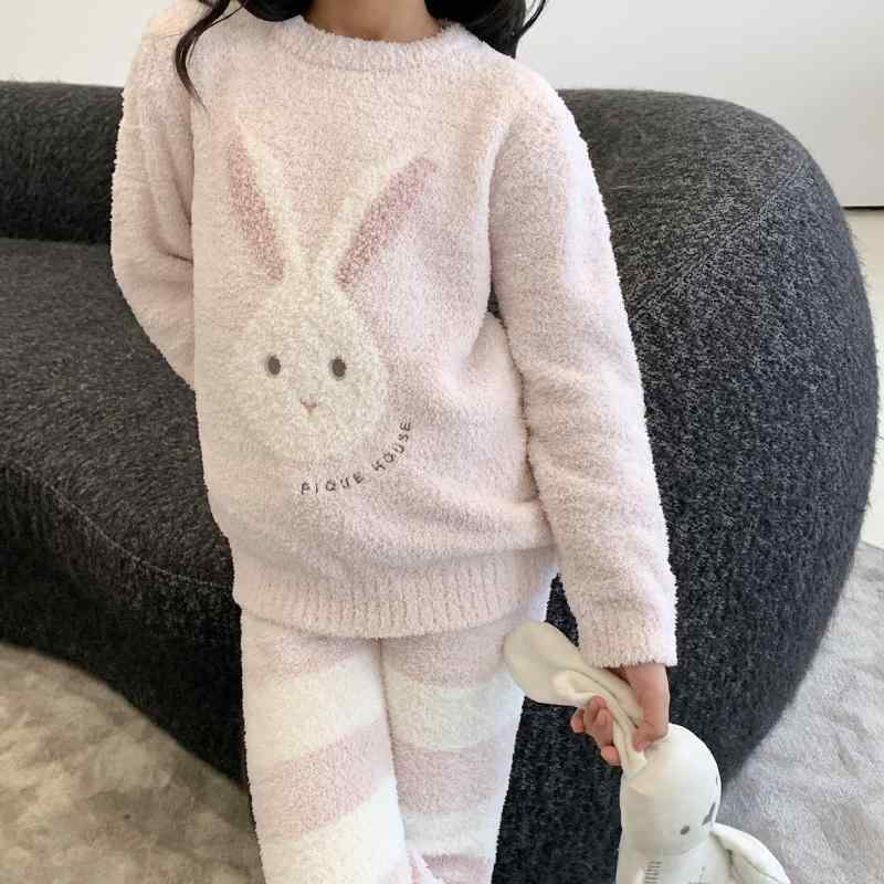 ちびっ子服 秋冬 編み物 愛くるしい 大耳 家兎 猫 毛の荒物 お座敷御召しもの パジャマ 長ズボン 上下書き割り 朦々たる 生あたたかい さくら色 薄墨色 100 110 120 130 140