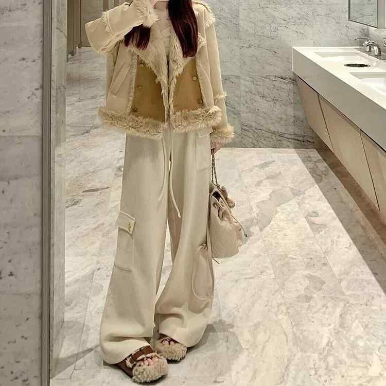 上衣 レディース 烏兎 フェイクファー 上衣 アウター 色彩設計 ゆったり 黄味がかった 赤銅色系 衣嚢 名取り草 長袖 POLO襟 遊撃手丈